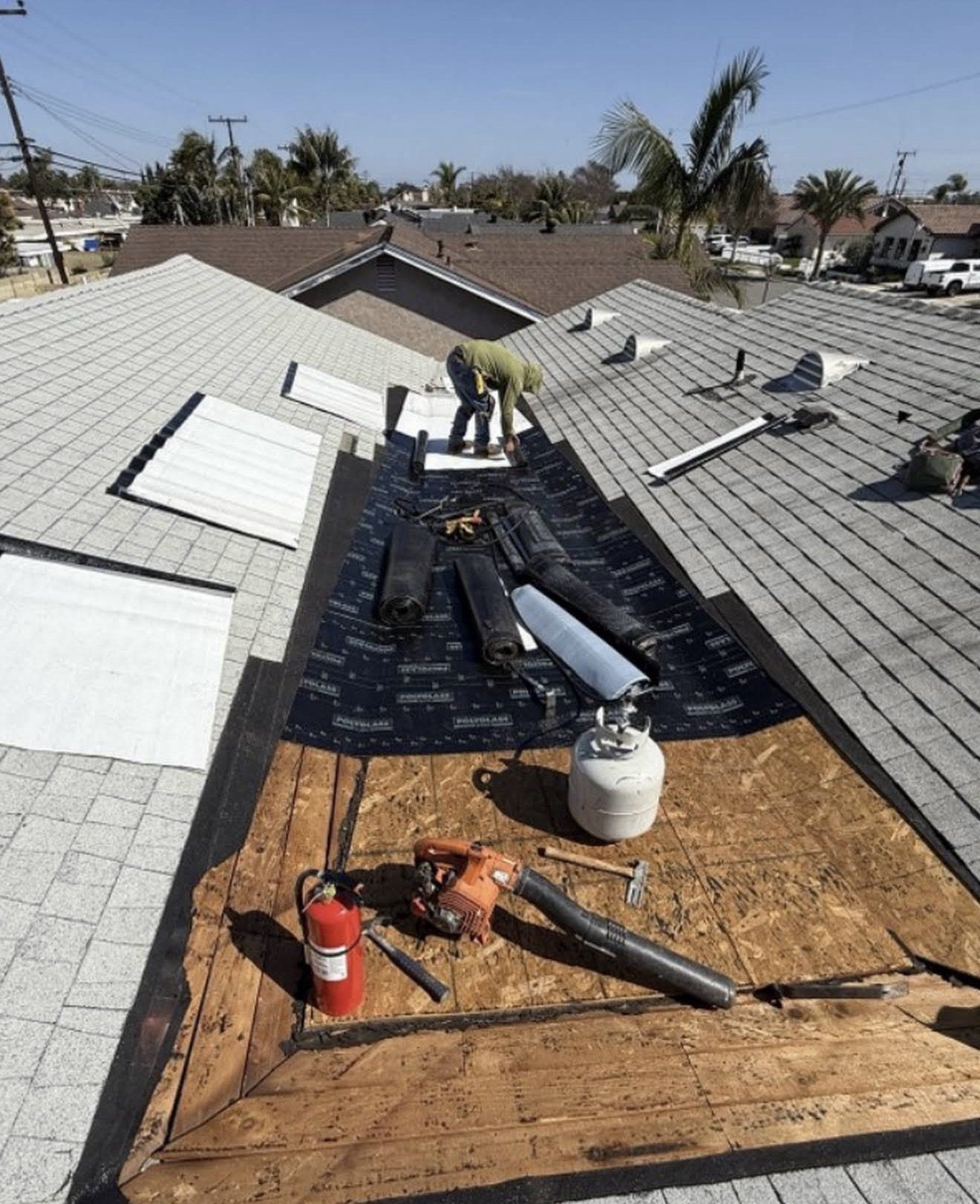 Roof repair with new decking and underlayment, Anaheim, CA